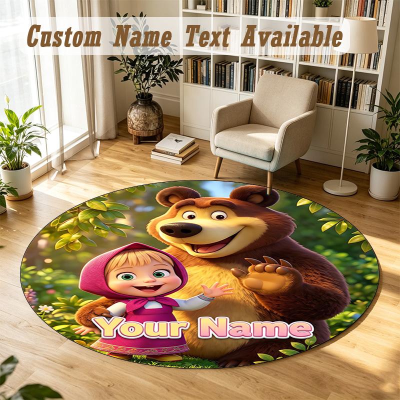 Round Rug Custom NameMasha and the Bear Cartoon Pattern Non Slip Carpet Home Floor Decor