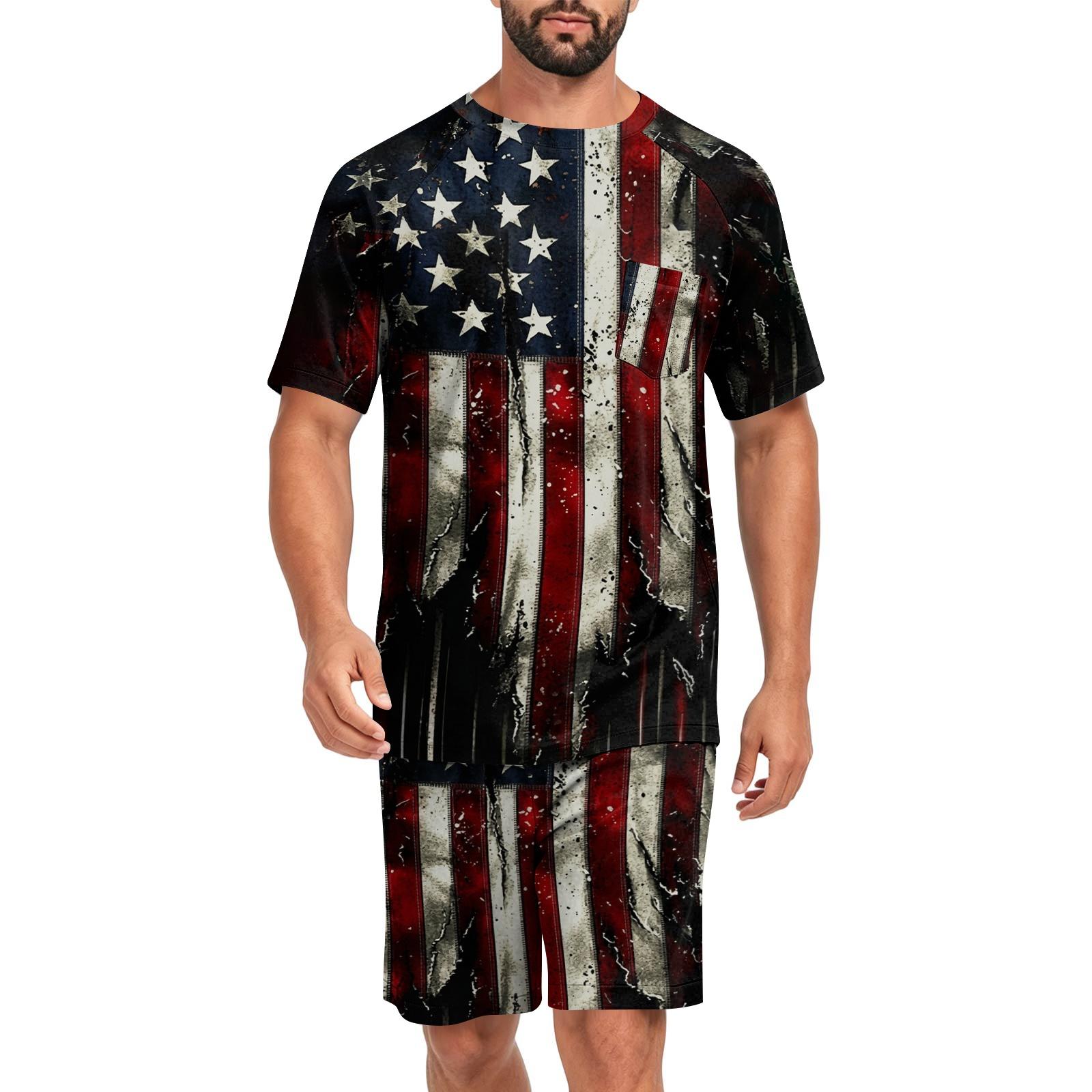 

Men s Short Sleeve Pajama Set Lightweight Soft Fabric Crew Neck Top and Elastic Waist Shorts Summer Homewear Sleepwear Set L чёрный
