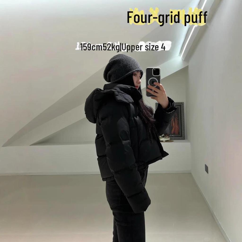 Lulu Kurze Kältebeständige Daunenjacke mit Kapuze: 4-Gitter-Puff, Abnehmbar & Warm für Herbst/Winter-Fitness