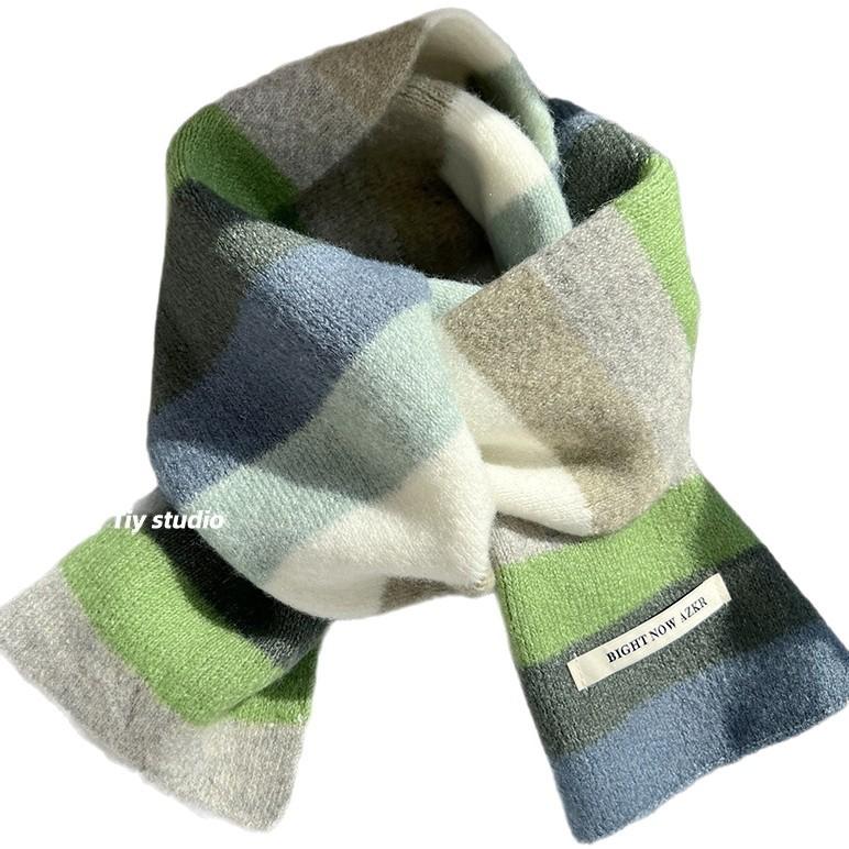 Apple Green Color Scarf for Women Autumn and Winter Color Block Striped Warm and Versatile Scarf