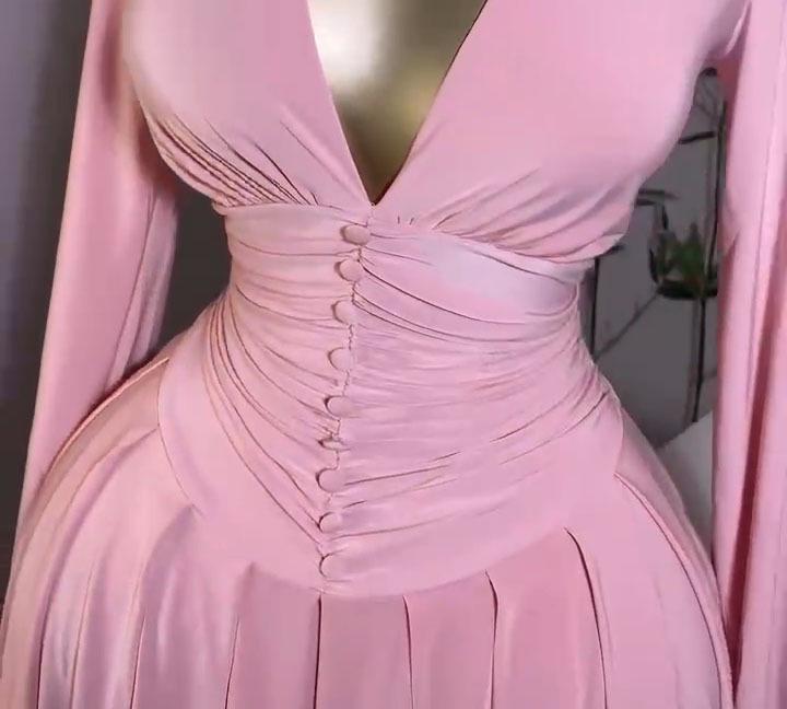 Women's French Style V-Neck Pleated Dress with Waist-Cinching Long Sleeves