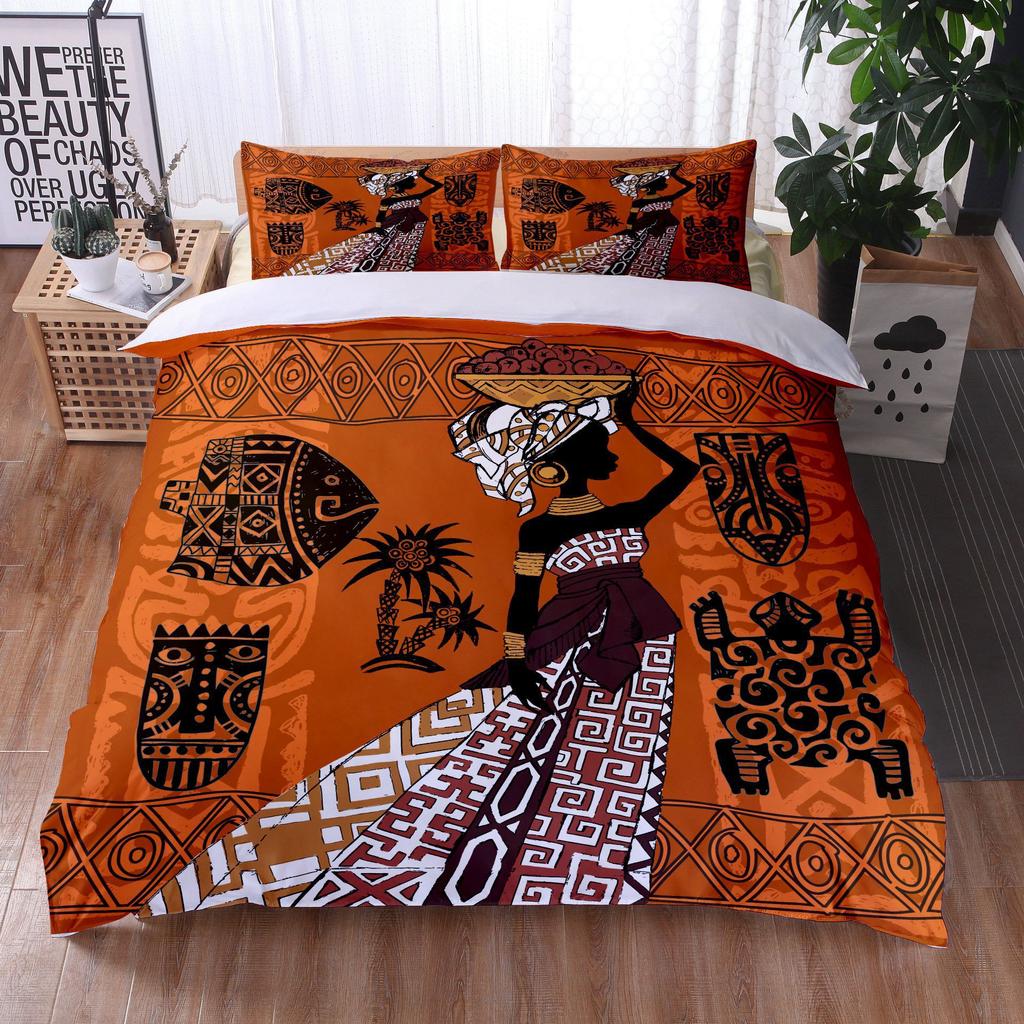 African Woman Bedding Set Ethnic Afro Duvet Cover Microfiber African American Comforter Set 3 Pieces Orange Ancient Desert Full