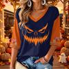 Women's V-Neck Halloween Print Three-Quarter Sleeve Casual Blouse for Fall
