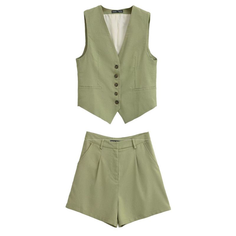 Kaslead New Arrival Women's Fashion Style Linen Blend Vest Casual Shorts 8025939 8026939