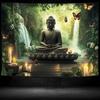 Buddha Statue Waterfall Forest Tapestry Zen Meditation Art Butterfly Decor Peaceful Nature Wall Hanging Living Room Print