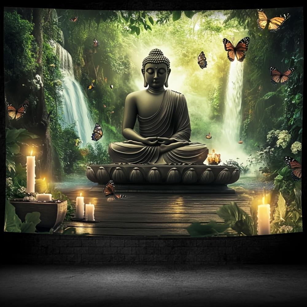 Buddha Statue Waterfall Forest Tapestry Zen Meditation Art Butterfly Decor Peaceful Nature Wall Hanging Living Room Print