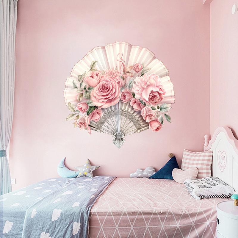 Creative Flower Folding Fan Wall Sticker New Chinese Style Bedroom Decor Headboard Study Background Self Adhesive Removable Art Sticker