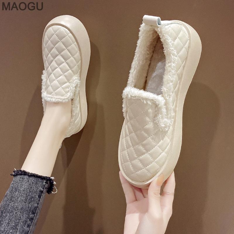 Quilted Short Plush Platform Loafers Warm Winter Shoes Thick Sole Casual Women's Shoes Autumn Comfortable Slip-On Flats Size 35