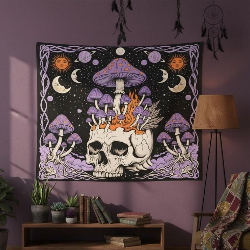 Gothic Dark Skull Tapestry Mushroom Moon Phase Wall Hanging Mysterious Aesthetic Bedroom Living Room Home Decor Wall Art