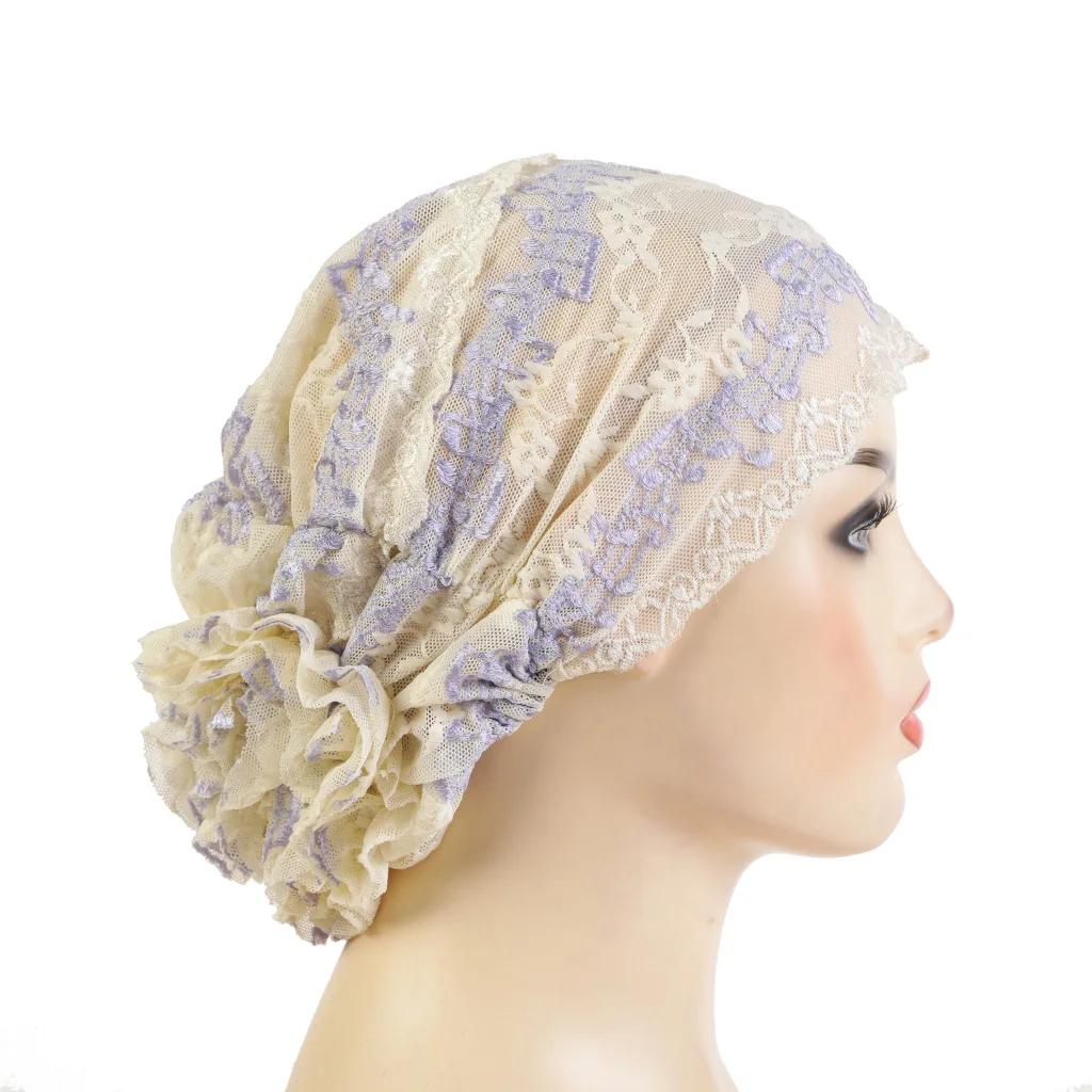Lace Hijab Flower Headband Full Cover Bottom Hat Chemo Cap Muslim Fashion