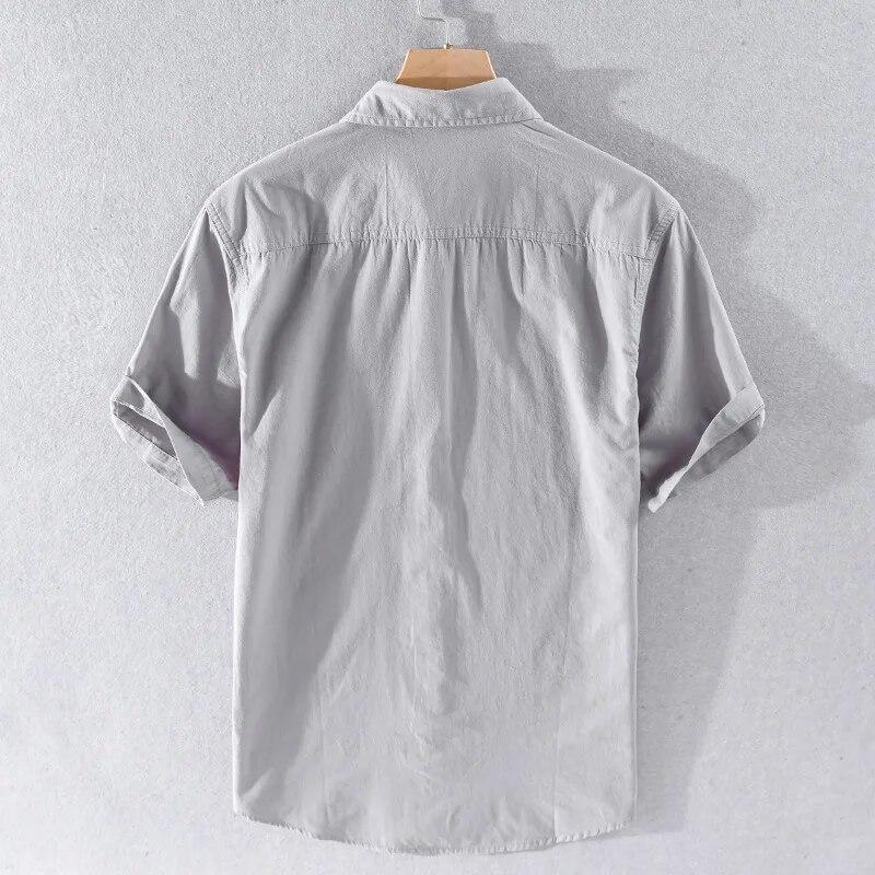 Summer Short Sleeve Shirt Men Daily Casual Tops Square Collar Soft and Comfortable Green Pure Cotton Shirt Korean Simple Style Men Clothing