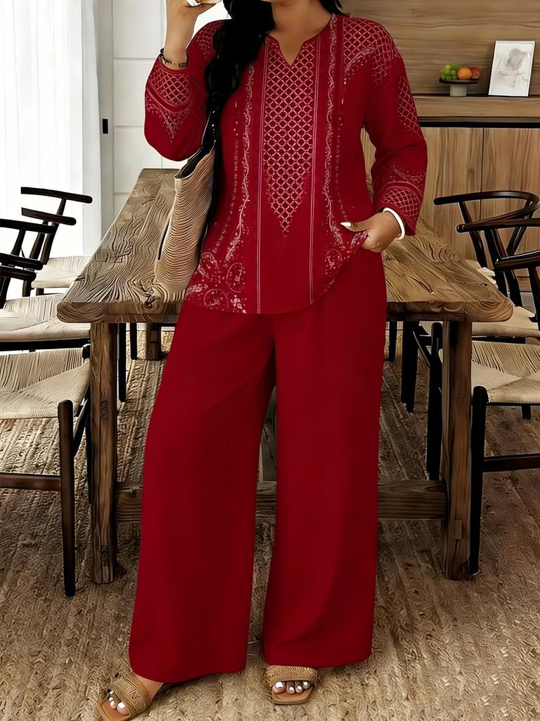 1116 European and American Geometric Printing V-neck Shirt High Waist Drape Wide Leg Pants Complete Set of Women's Clothing