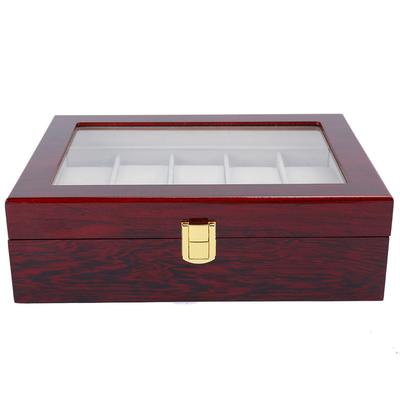 Uhrenbox aus Holz mit 10 Fächern, transparente Aufbewahrungsbox mit Fenster (rot)
