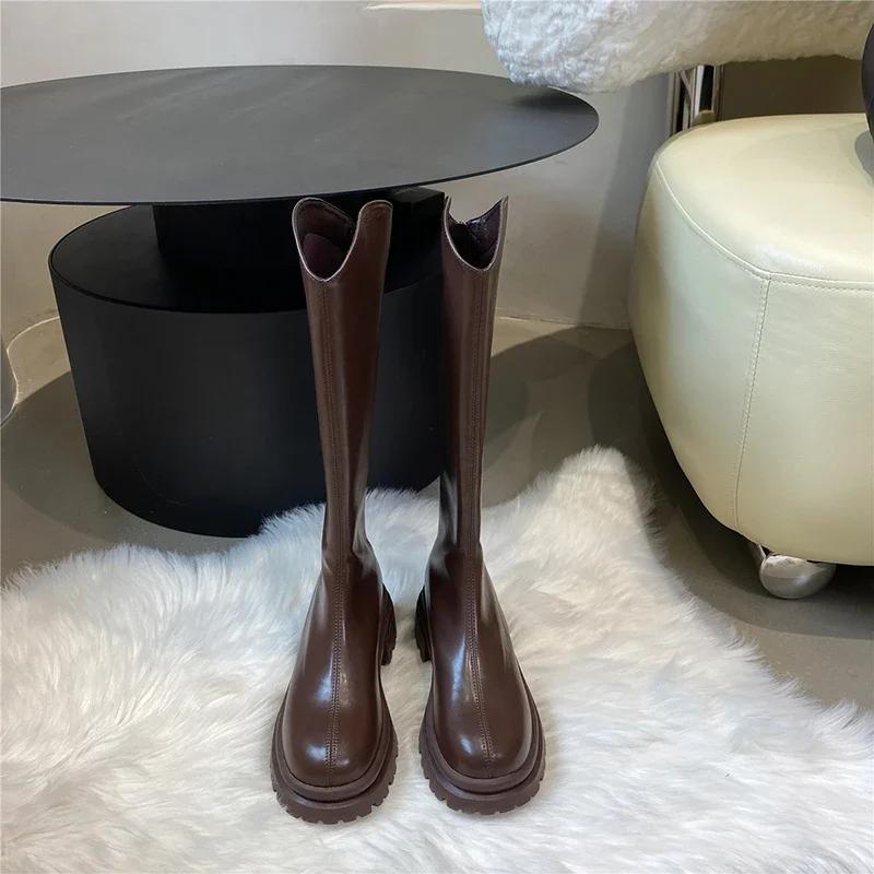 Vintage Women Knee High Boots Fashion Soft Leather Knight Long Boots Autumn Winter Ladies Platform Thick Bottom Shoes
