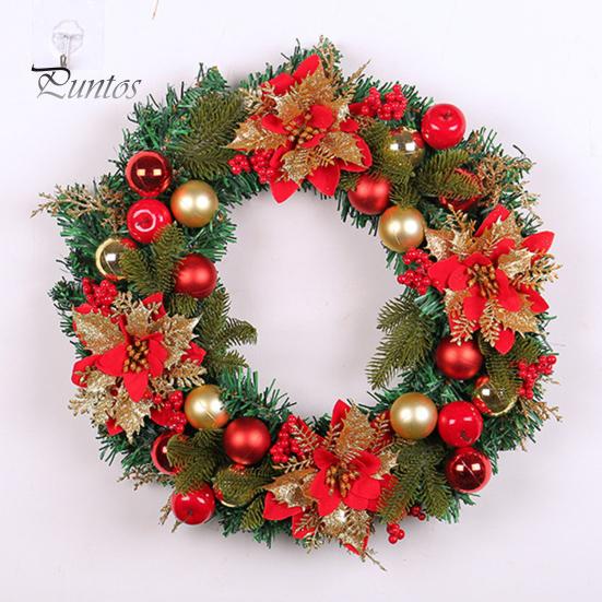 Christmas Wreath with Red Flower Faux Plant Round Ball Indoor Outdoor Window Front Door Wall Hanging Artificial Garland Decoration Pendant Festival