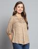 Monte Carlo Womens Printed Khakhi Round Neck 3/4 Sleeve Top