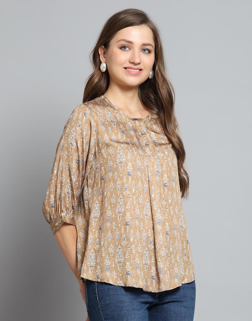 Monte Carlo Womens Printed Khakhi Round Neck 3/4 Sleeve Top