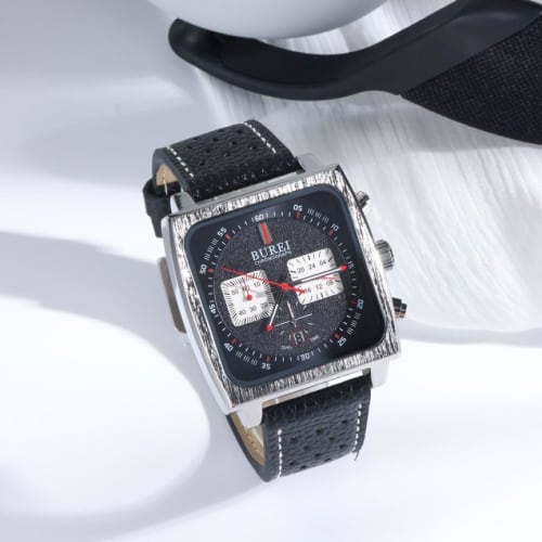 BUREI Men's Chronograph Analogue Watch with Date Display, Water Resistant, Rectangular Face, Black Leather Strap, Limited Edition, Perfect for Busines