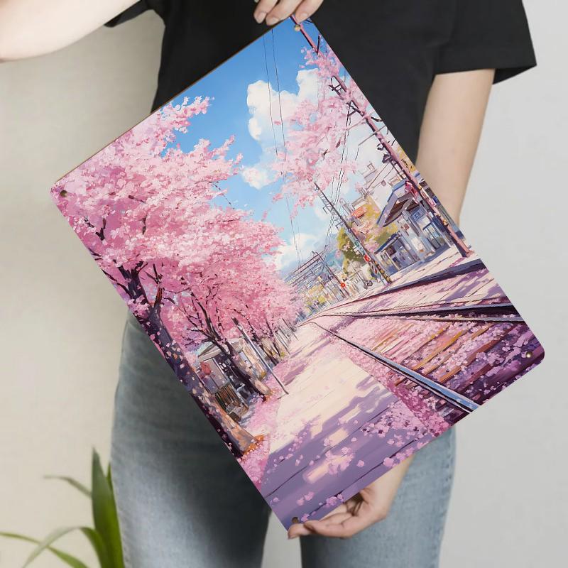 Japanese Sakura Railway Street View Custom Iron Painting Modern Living Room Wall Art Decor