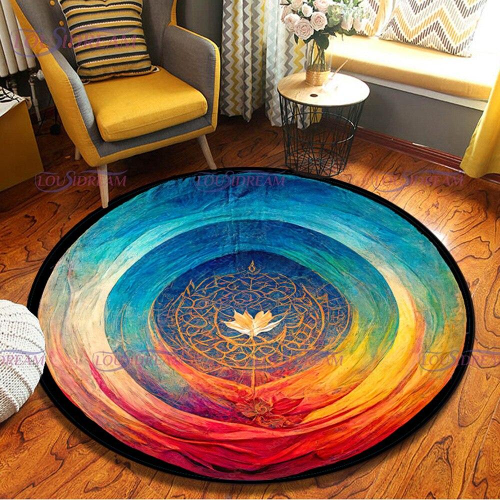 Mandala Flower of Life Kulatý koberec Barevné srdce Boho Area Koberec v obývacím pokoji Ložnice Protiskluzová podložka pod křeslo Dekor koberec Peacock