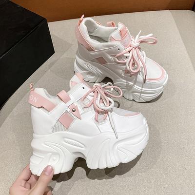 Moda Mulheres Tênis de Plataforma de Couro Treinadores de Primavera Sapatos Brancos Salto Alto 10CM Cunha Sapatos Esportivos ao Ar Livre Sapatos Casuais Respiráveis
