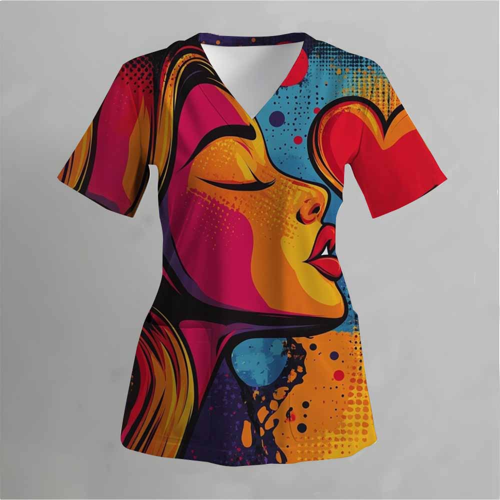 Uniformă Medicală Mată Model Pisică Panglică Roz Femei Uniformă Top cu Mânecă Scurtă cu Guler în V cu Buzunar Femei Mat