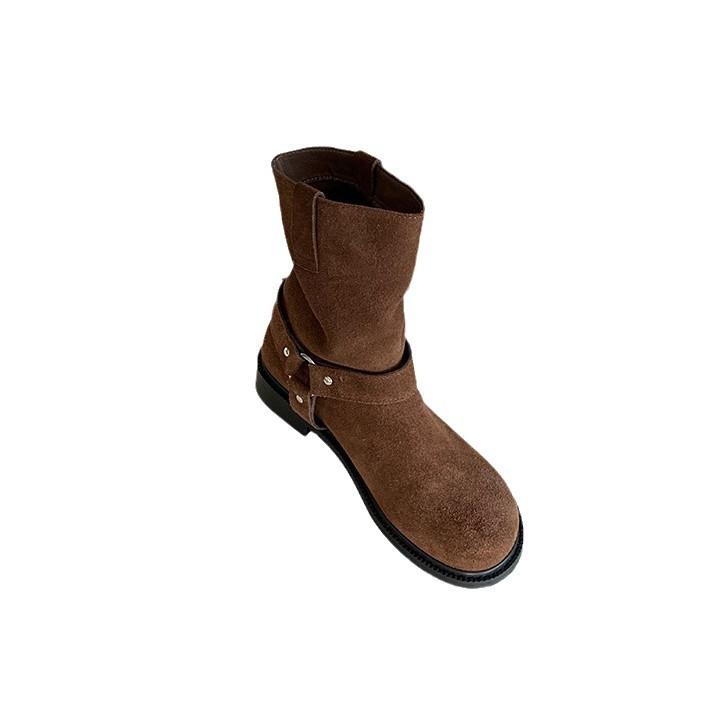 Grape Mother Internet Celebrity with the Same Style, Zurich Autumn~ Versatile Round Head Metal Buckle Retro Low Heel Western Short Boots Women
