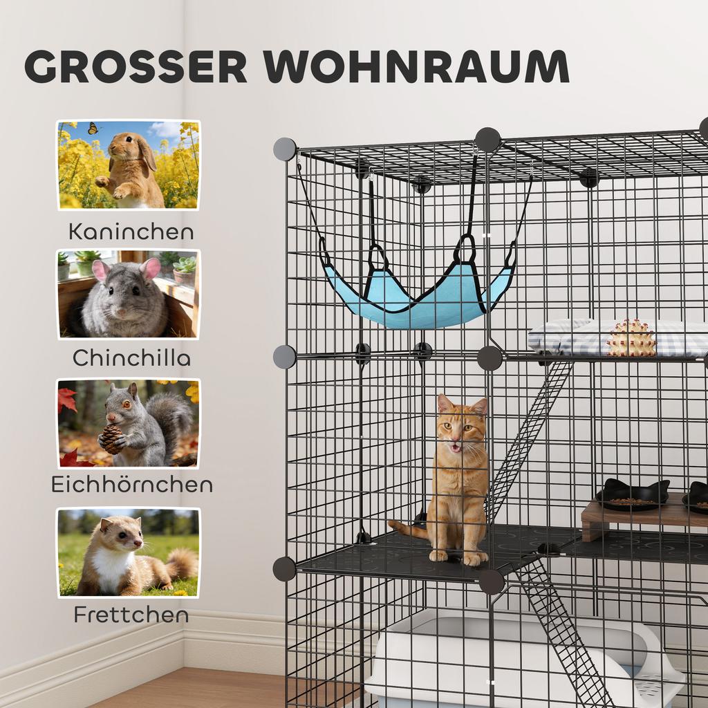 Indoor Cat Cage DIY Customizable 3-Tier Indoor Cat Enclosure with 3 Doors and Hammock 105 Cm Black