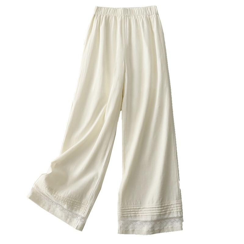 

Lace lace stacked lined wide-leg pants women s 2025 summer new literary and casual solid color cotton and linen trousers M