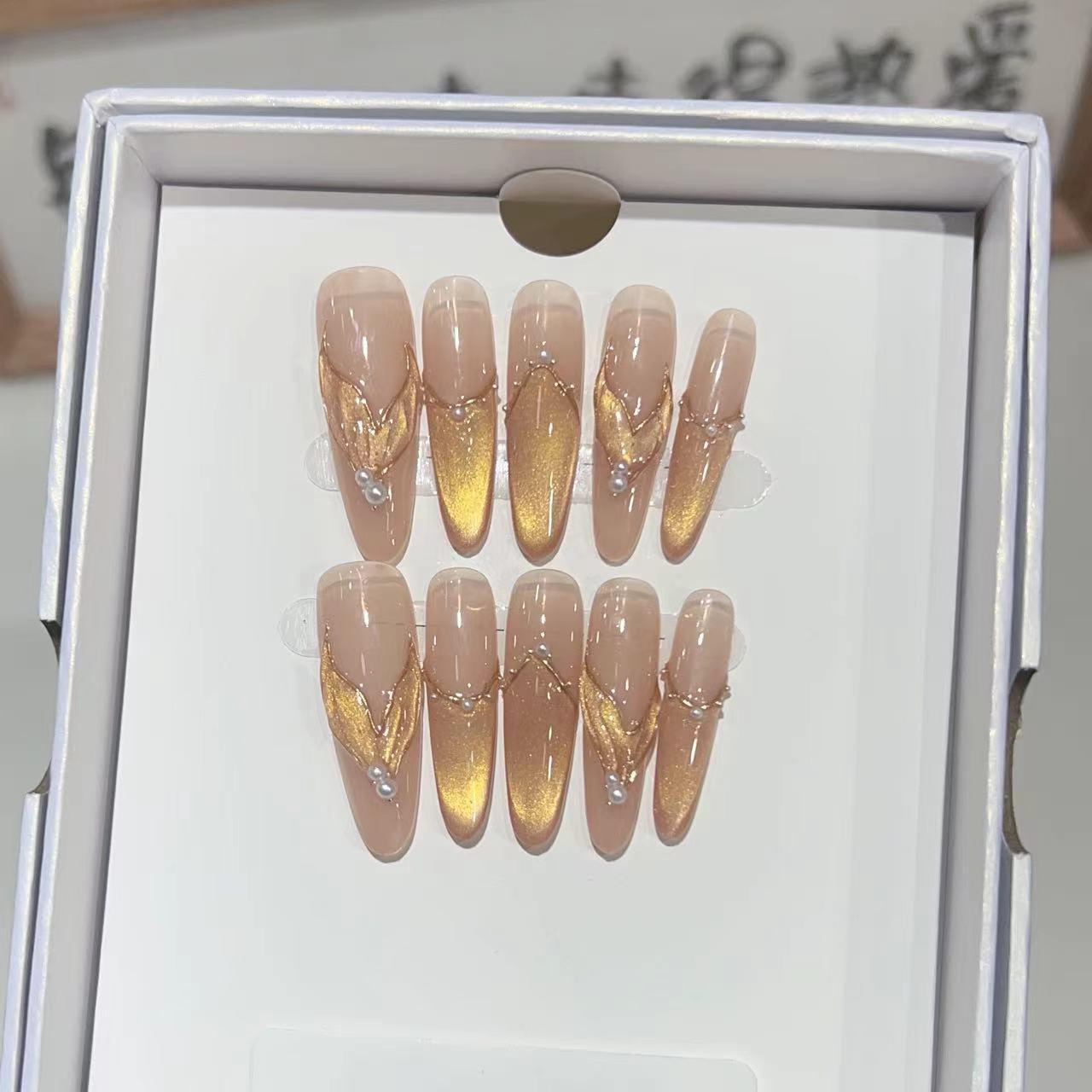 

Thin Wearable Cat Eye Fishtail Nails - Handmade Nude Gold Magic Mirror French Style Nail Art Large L