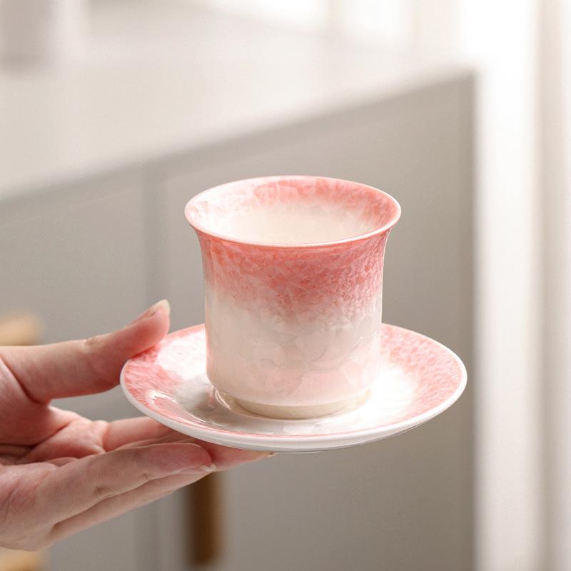Elegant Crystalline Glaze Ceramic Teacup Set with Coaster - High-Grade Gongfu Tea Brewing & Tasting Cup
