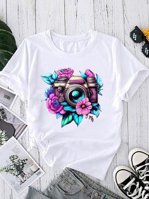 (Taille asiatique) T-shirts Mignons à Col Rond et Manches Courtes avec Motif Fleuri Tendance Vêtements Décontractés Féminins Haut pour Femme T-shirt à Manches Courtes T-shirt Graphique Imprimé