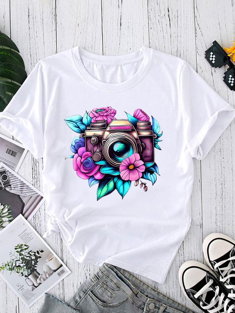 (Asian Size) O-neck Short Sleeve T-shirts Fashion Female Casual Clothing love heart flower Women's Top T shirt Printed Graphic Tee