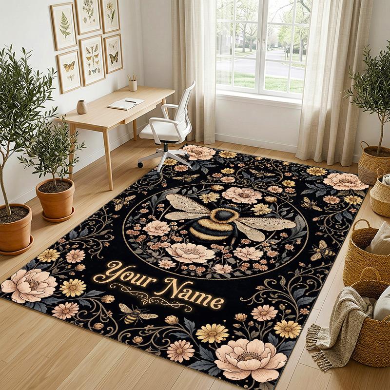 Bee Floral Theme Soft Crystal Velvet Rug Custom Name & Text Print Non Slip Floor Rug for Bedroom Living Room