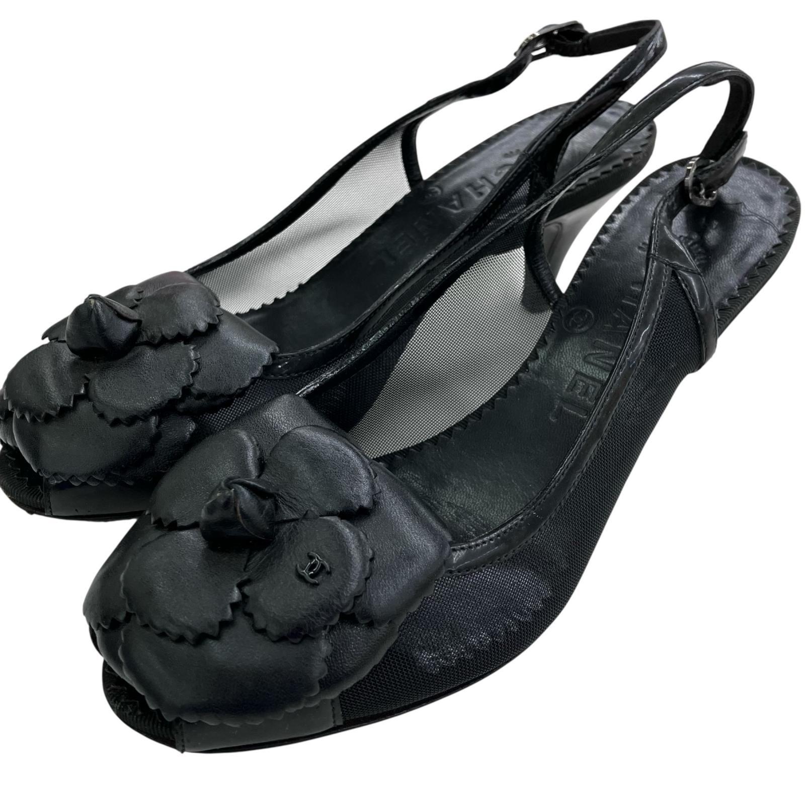 Used 186005 CHANEL Mule Mesh 23cm Black with Camellia Ladies