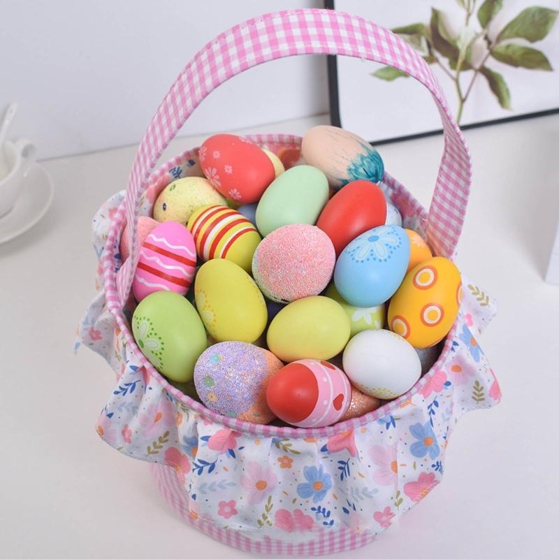 Reusable Fabric Easters Bucket Rabbit Print Decorative Bin Eggs Hunt Organizers Basket For Treats Storage Holiday Gifts