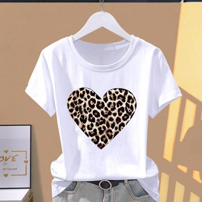 (Asian Size) Short Sleeve T-shirts T Leopard Love Heart Style 90s Clothing Casual Fashion Print Female Casual Women's Top Graphic Tee