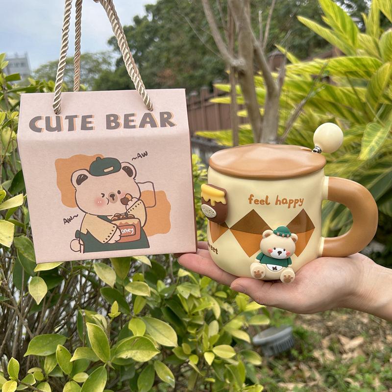 Creative Magnetic Bear Mug Cute Ceramic Mug with Lid Spoon Korean Coffee Cup Large Capacity Drinking Cup