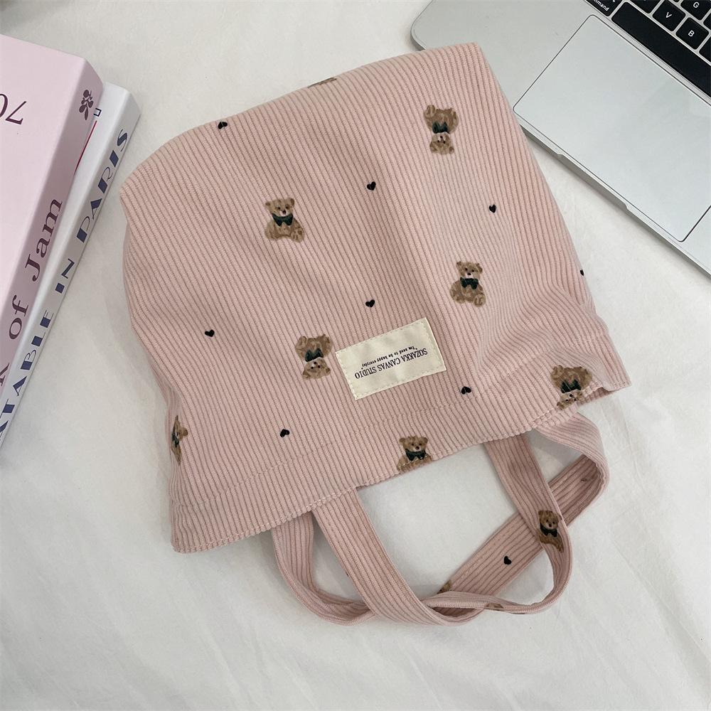Corduroy Bear Handbag for Women, Outer Carry Bag, Lunch Bag, Student Small Lunch Box