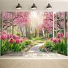 2D Romantic Pink Tulip Garden Window Photography Background Cloth