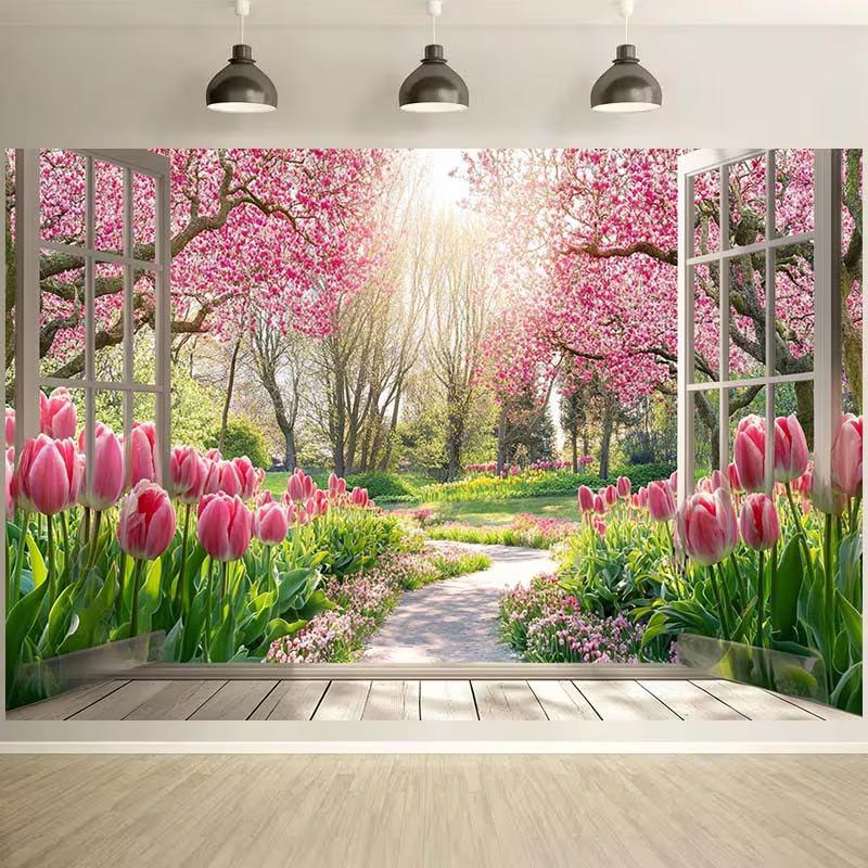 2D Romantic Pink Tulip Garden Window Photography Background Cloth