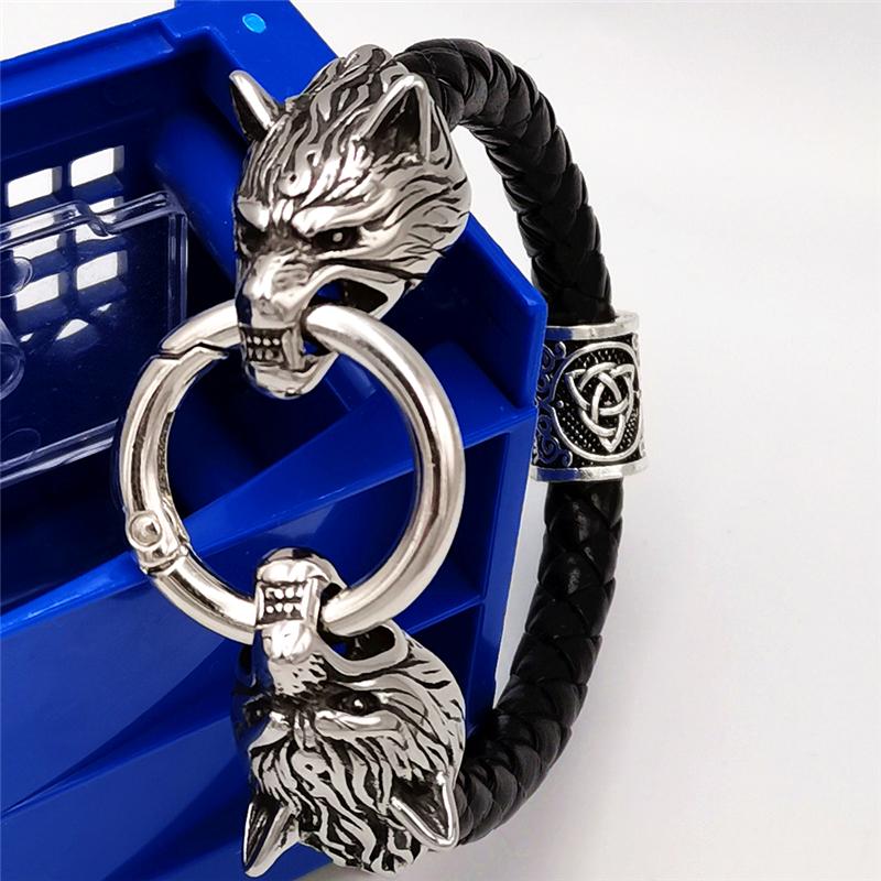 Wolf Head Bracelet Stainless Steel Viking Rune Bead Leather Bracelet Jewelry For Women Men Unisex Gift