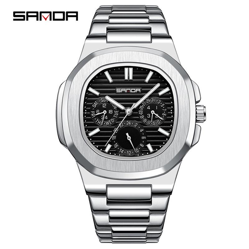 Sanda Men s Octagonal Quartz Watch - Three-Eye, Six-Needle, Simple Index, Fashionable Casual, Waterproof.