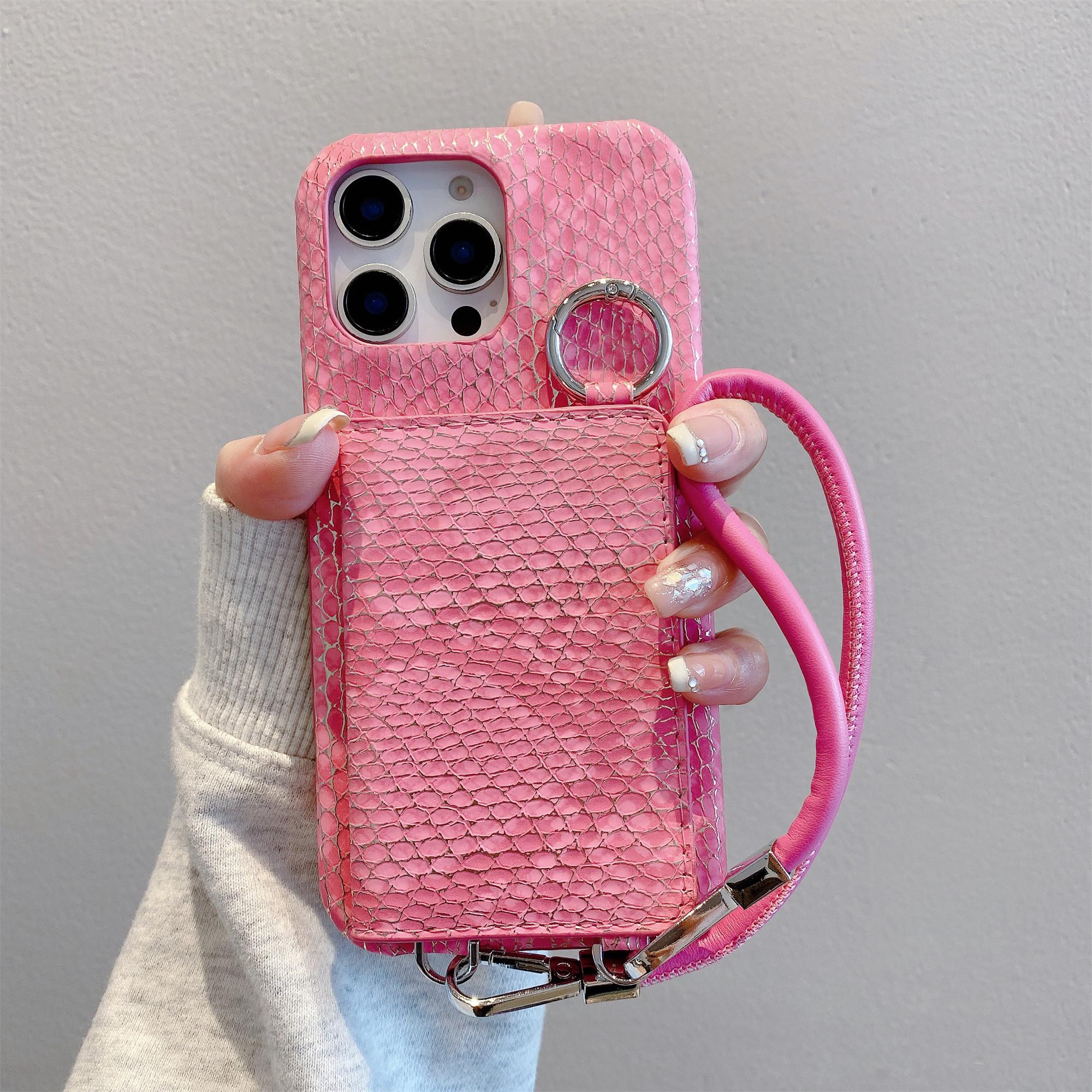 

For iPhone 15 Pro Case Card Holder Mirror Snake Texture PU+PC Back Cover with Lanyard Rose