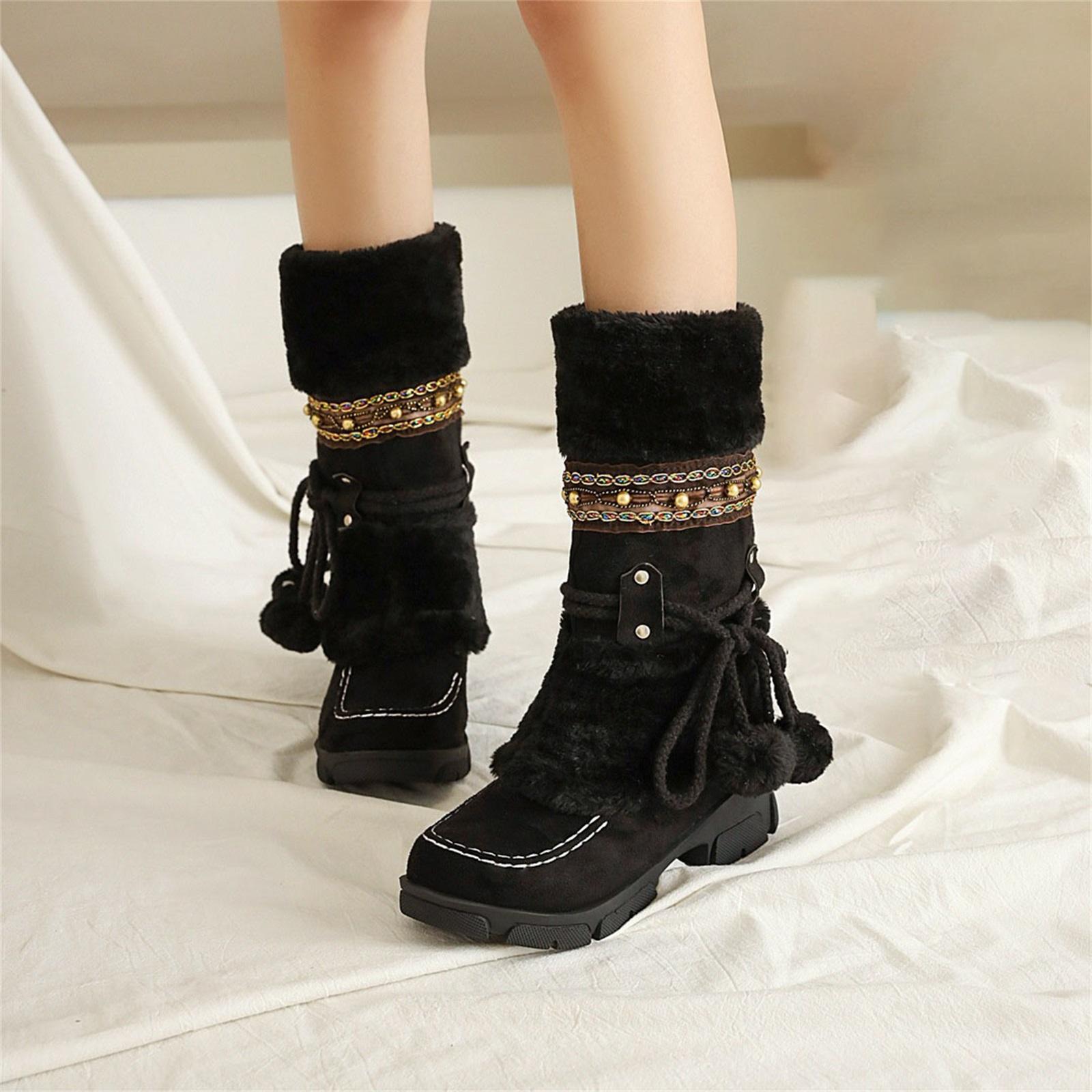 Women s Fashionable Plus-Size Round-Toe Warm Furry Pom-Pom High Boots 35
