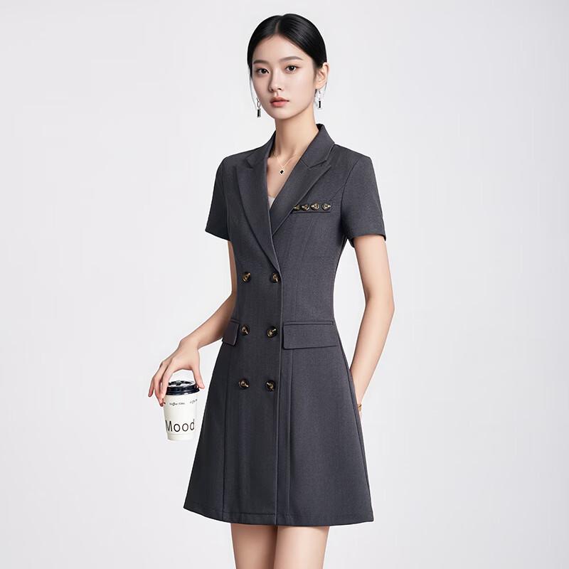 Trefloman Women's Double-Breasted Short-Sleeve Blazer Dress