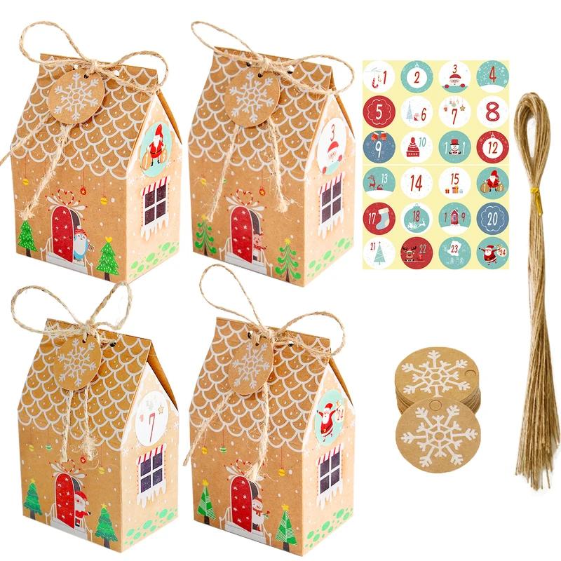 24Sets Advent Calendar Gingerbread House Gift Box Christmas Treat Candy Favor Box with Gift Tag Sticker Countdown Xmas