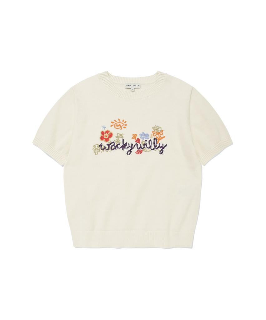 WACKY WILLY Women'S Embroidered Graphic Short Sleeve Knit Cream