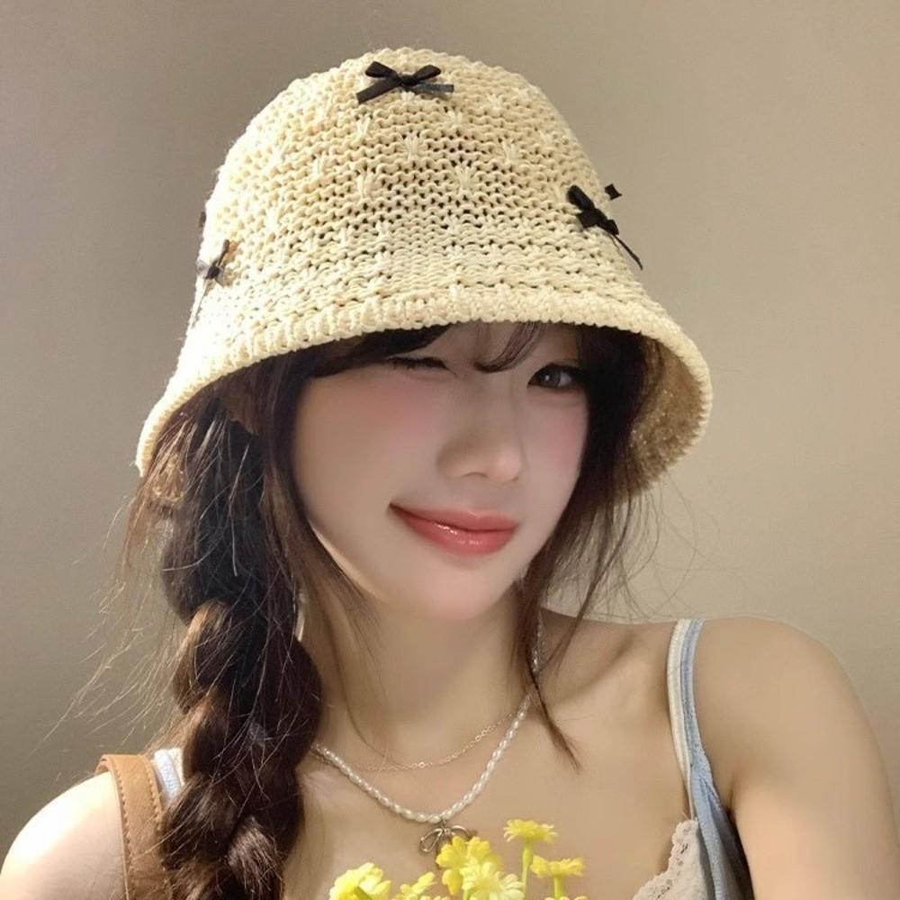 Solid Color Summer Sun Hat Weave Bow Bucket Hat Casual Sunscreen Visor Cap Hiking
