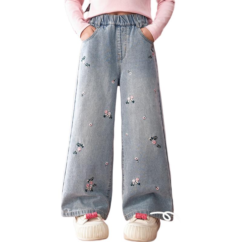 ASK JUNIOR Girls  Embroidered Denim Wide-Leg Straight Pants 120